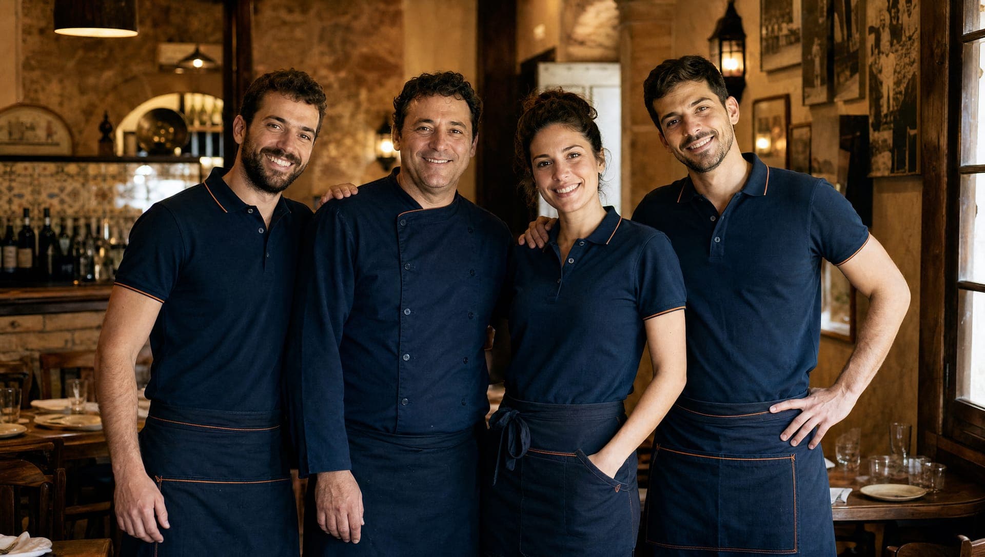 Equipo de sala de un restaurante con polos marinos y delantales de sarga a juego