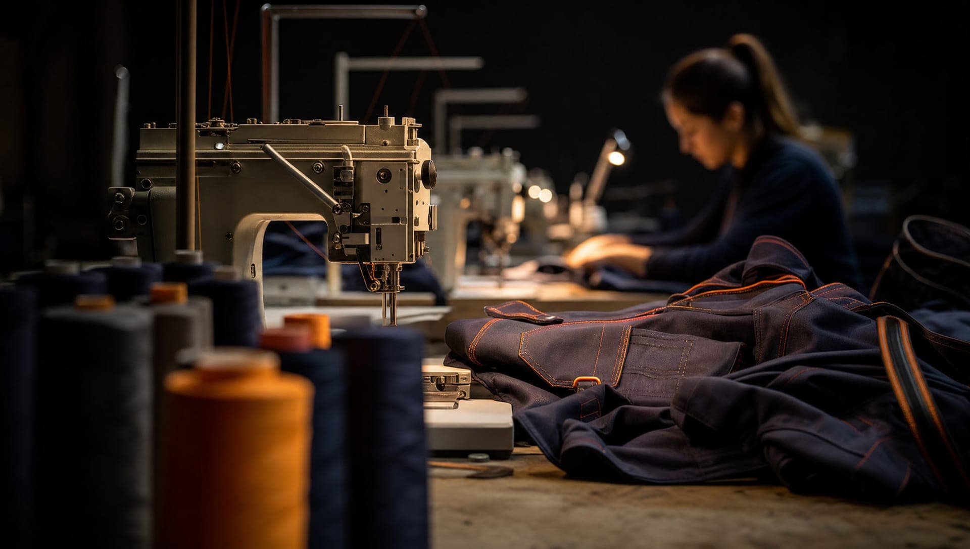 Línea de máquinas de coser industriales del taller en marcha